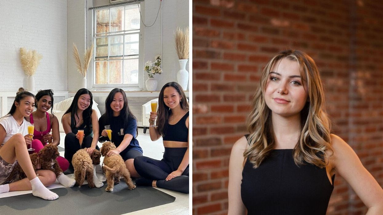 A Toronto Puppy Yoga class. Right: Puppysphere CEO and Co-Founder Francesca McFadden.