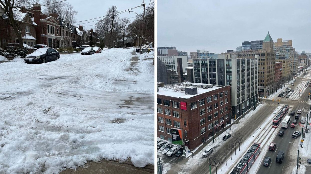 A Toronto street in covered in show. Right A birds view of a snowy Ontario city.