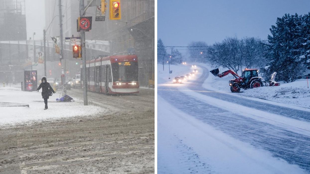 A Toronto street in winter. Right: A snowy road in Quebec with a plow.