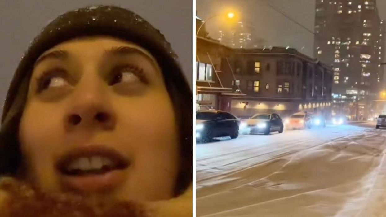 A Toronto TikToker. Right: Cars driving through snow in Vancouver.