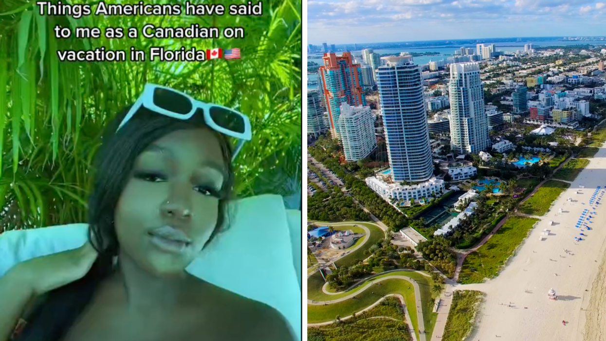 A Toronto woman in Florida. Right: A bird's-eye view of South Beach.