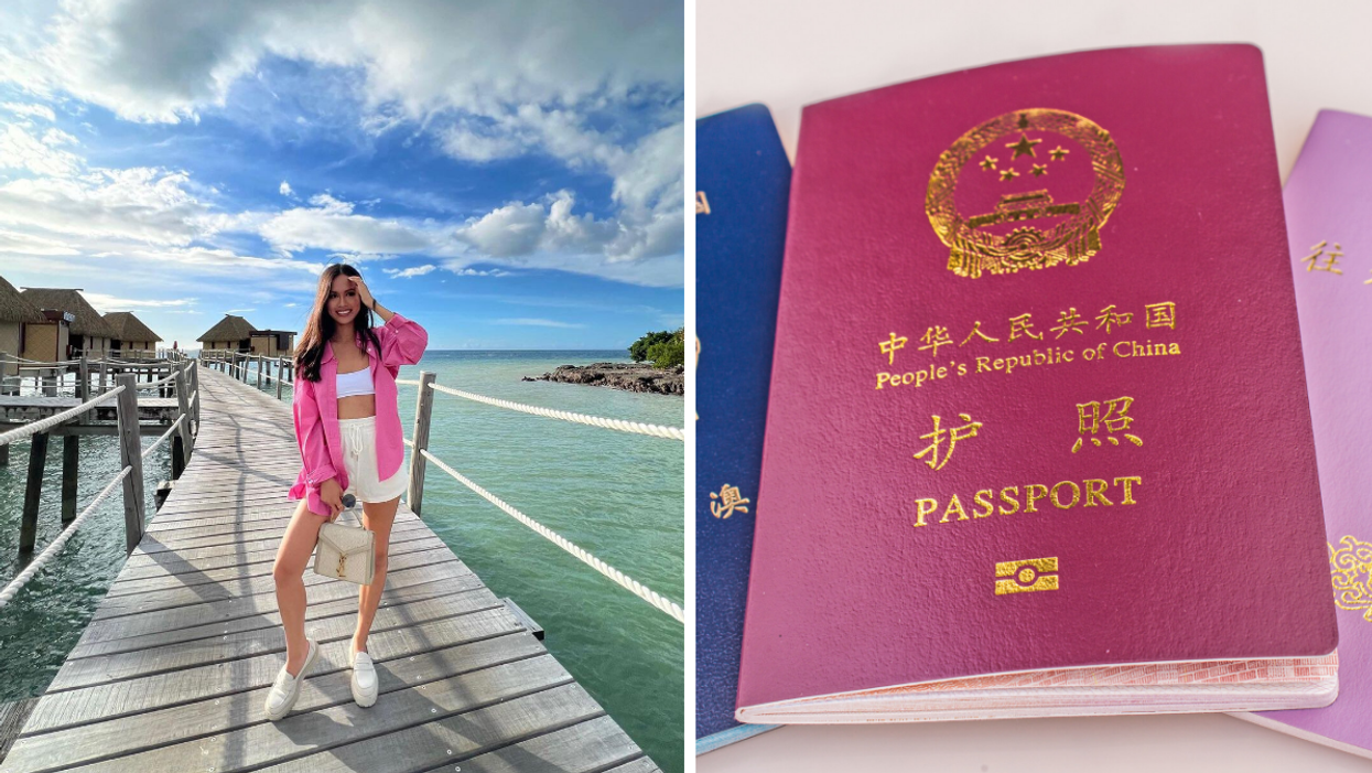 A tourist in Fiji. Right: Chinese passport.