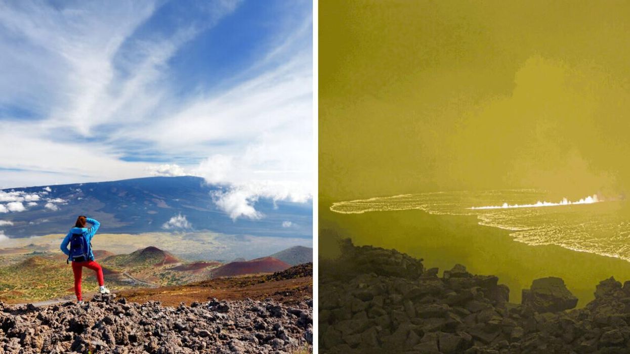 A tourist looking at Mauna Loa in Hawaii. Right: Mauna Loa's summit caldera, Moku‘āweoweo, as it's erupting.