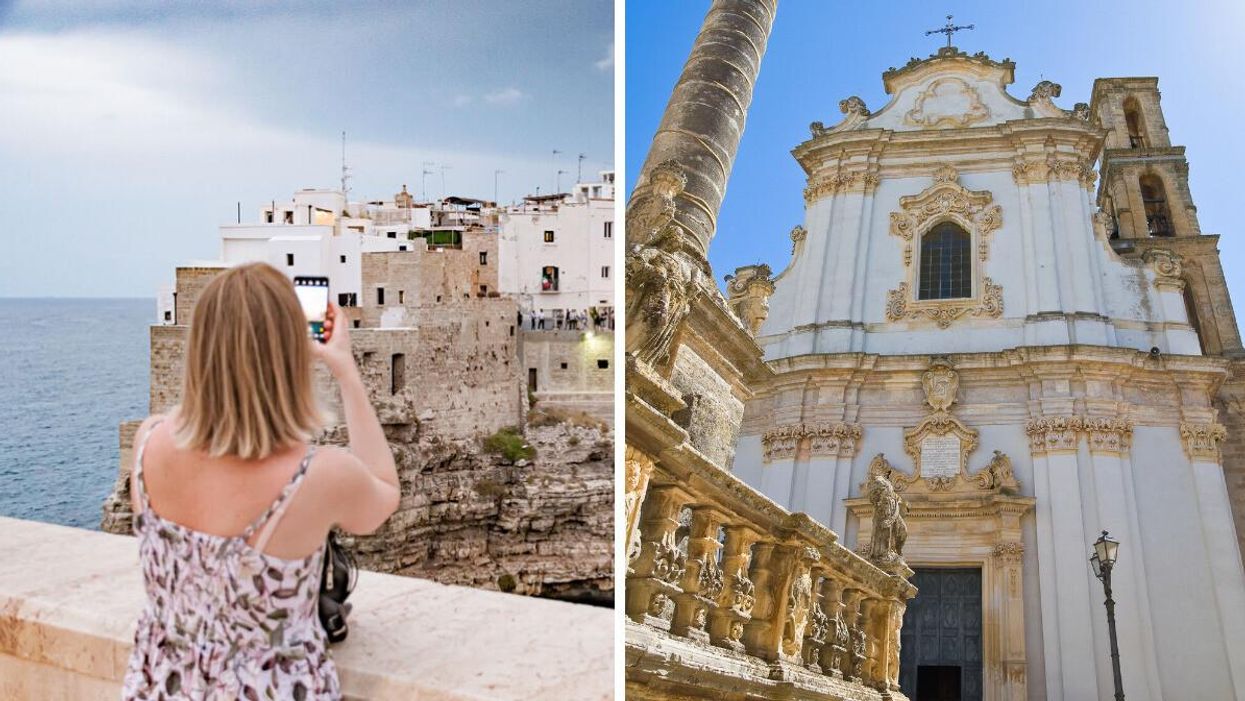 A tourist taking a photo in Italy. Right: A church in Presicce, Italy.