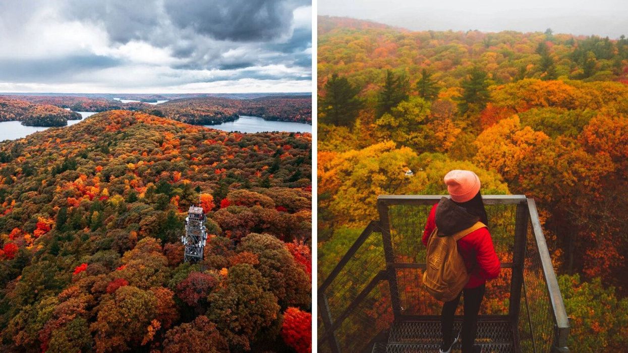 A tower surrounded by fall colours. Right: A person standing on a deck looking over fall colours.