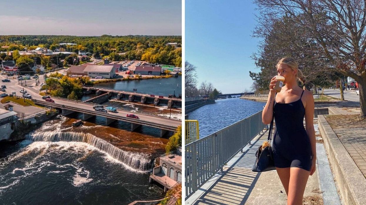 A town beside a waterfall. Right: A person drinking coffee by a river.