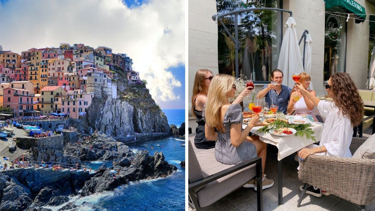 A town in Italy. Right: People out for a meal.