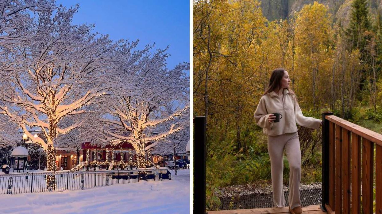 A town in the winter with a fresh blanket of snow. Right: A person in the forest during the fall.
