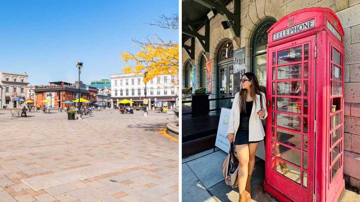 A town square with people. Right: A red phone booth beside a woman near a stone building.