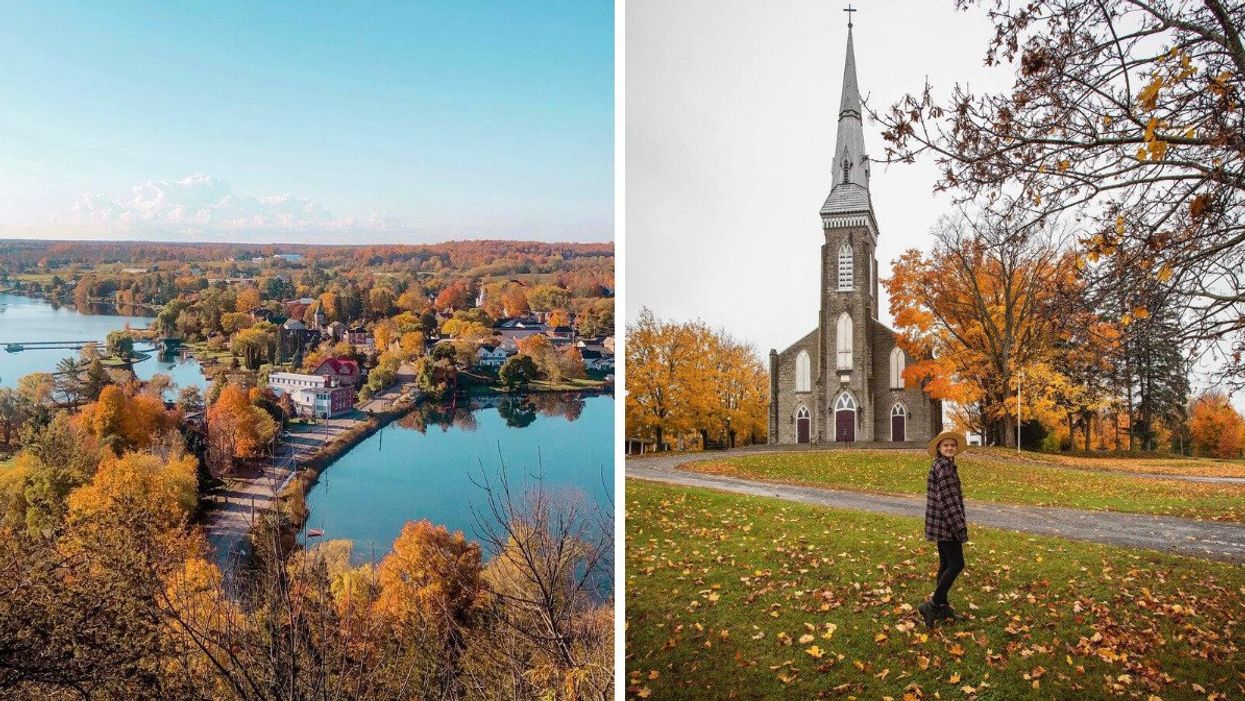 A town surrounded by fall colours. Right: A person standing by a church.
