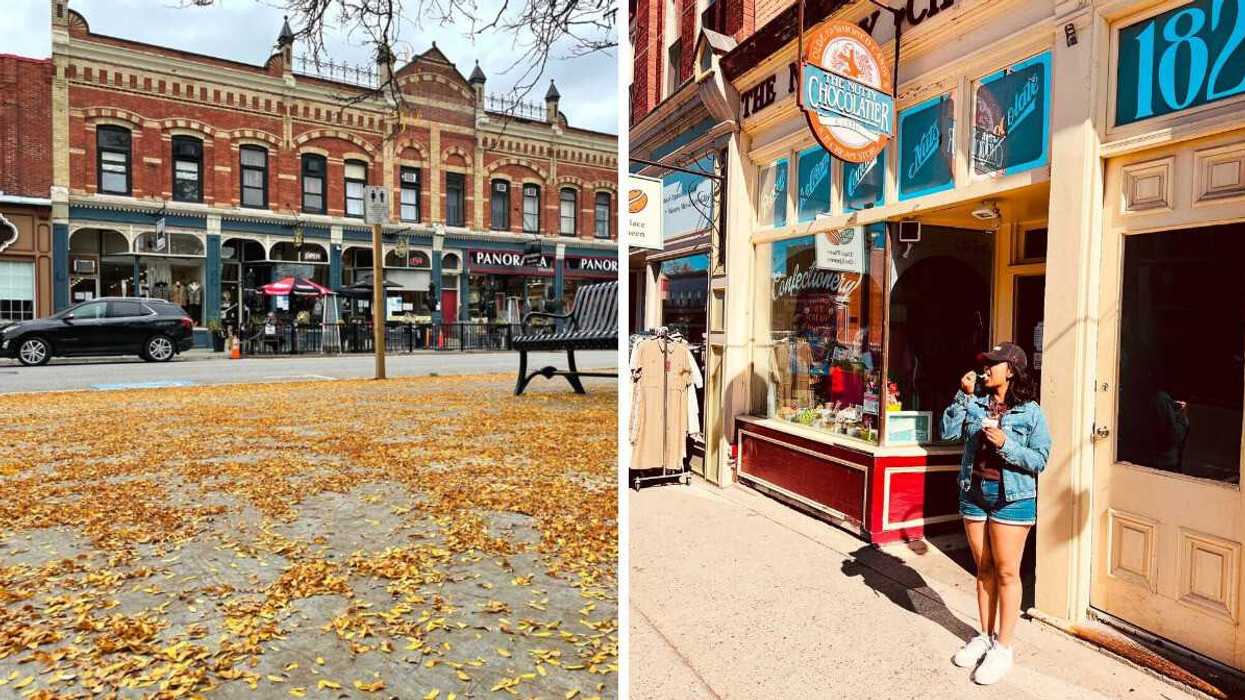 A town with autumn leaves. Right: A person standing outside a shop.