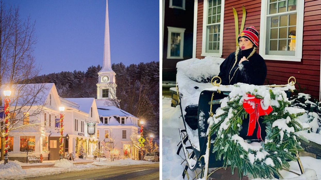 A town with Christmas decorations. Right: A person sitting in a sleigh.
