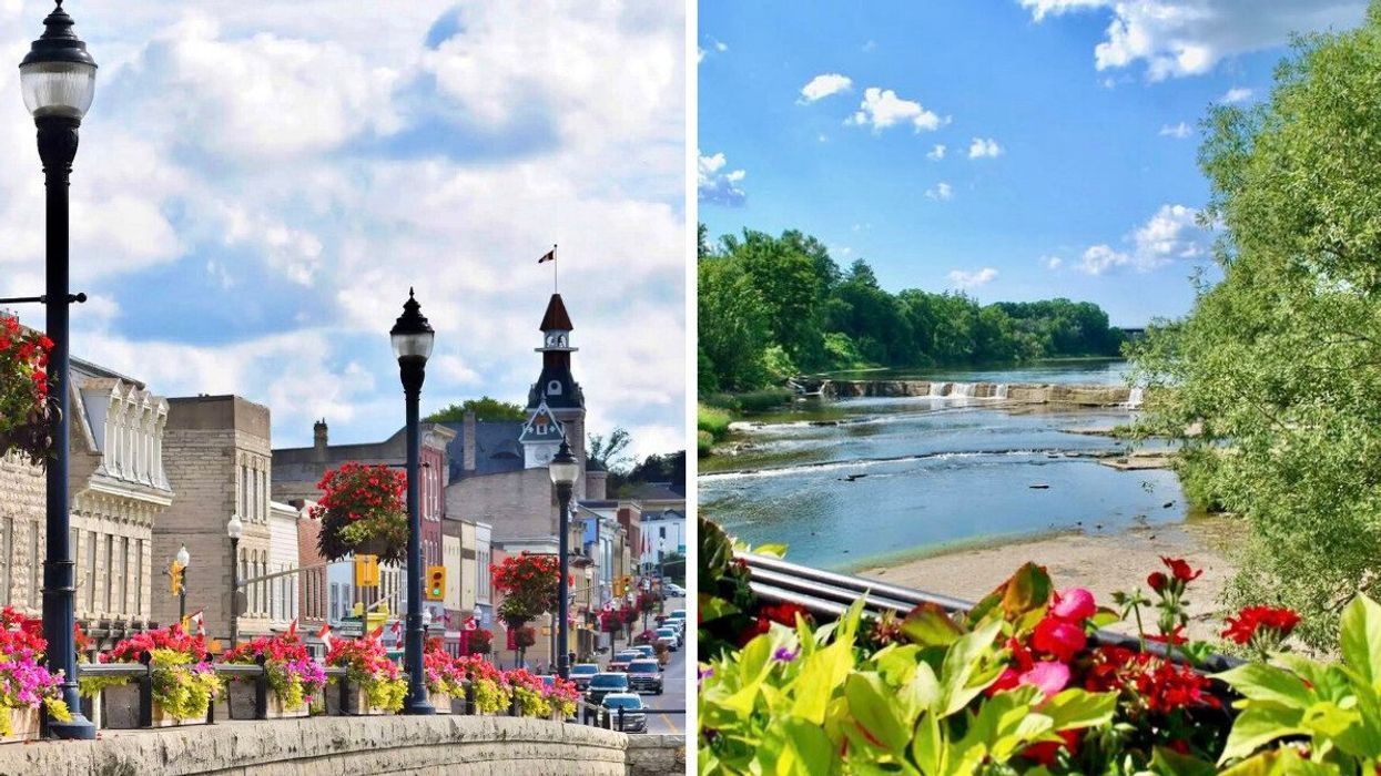 A town with historic buildings. Right: A river with a small waterfall.