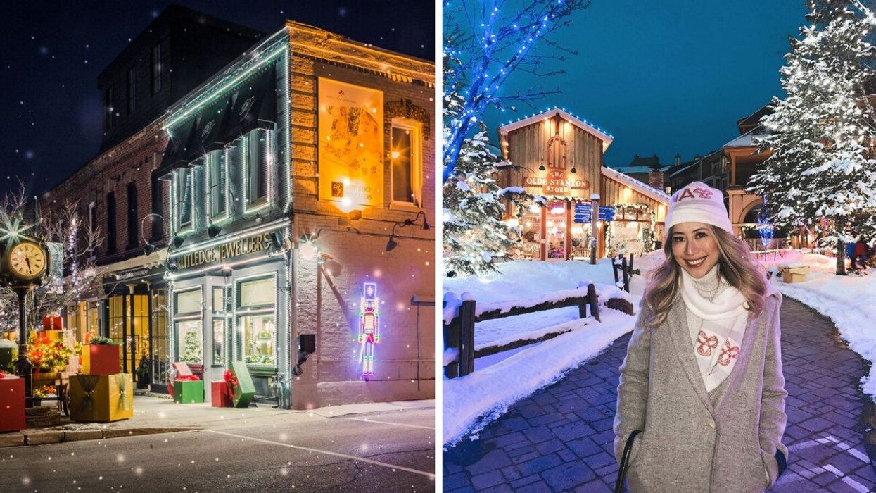 A town with holiday decor. Right: A person standing in a winter village.