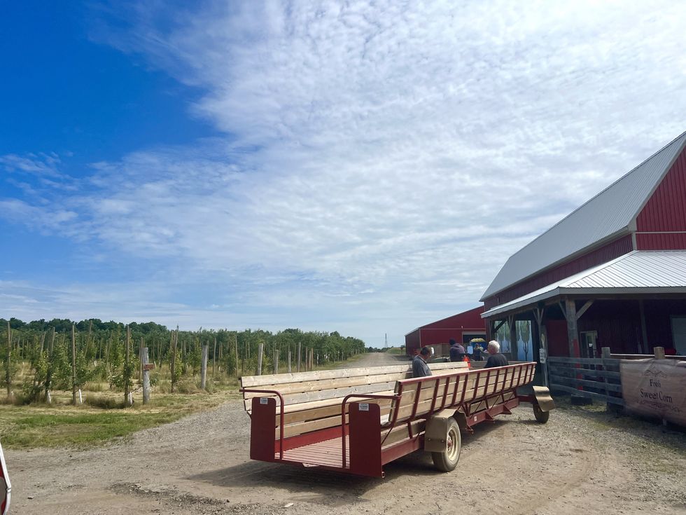 A tractor and wagon.
