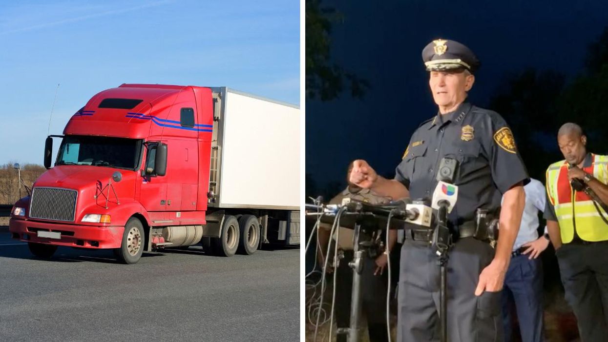 A tractor trailer similar to the one where people where found inside. Right: San Antonio officials at a news conference.