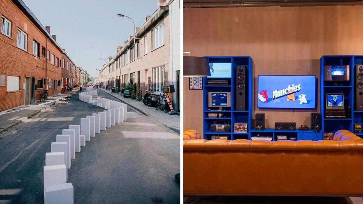A trail of giant dominoes down a street. Right: A couch and TV setup.