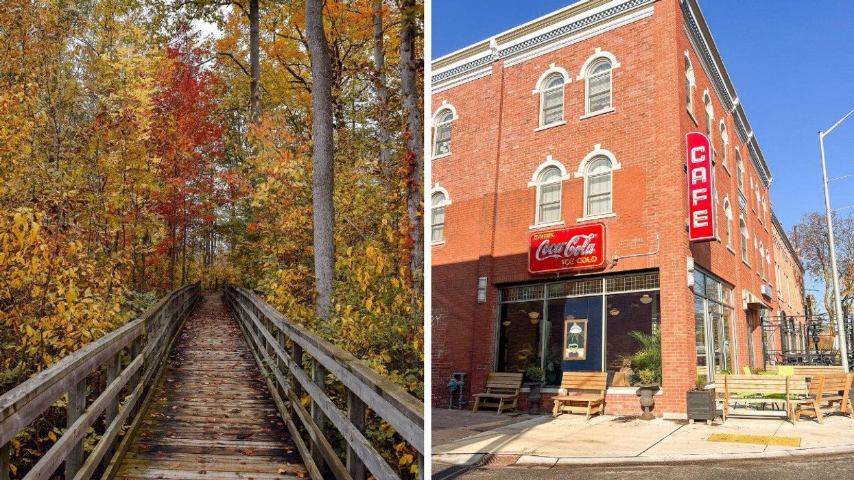 A trail through a fall forest. Right: The exterior of a cafe.