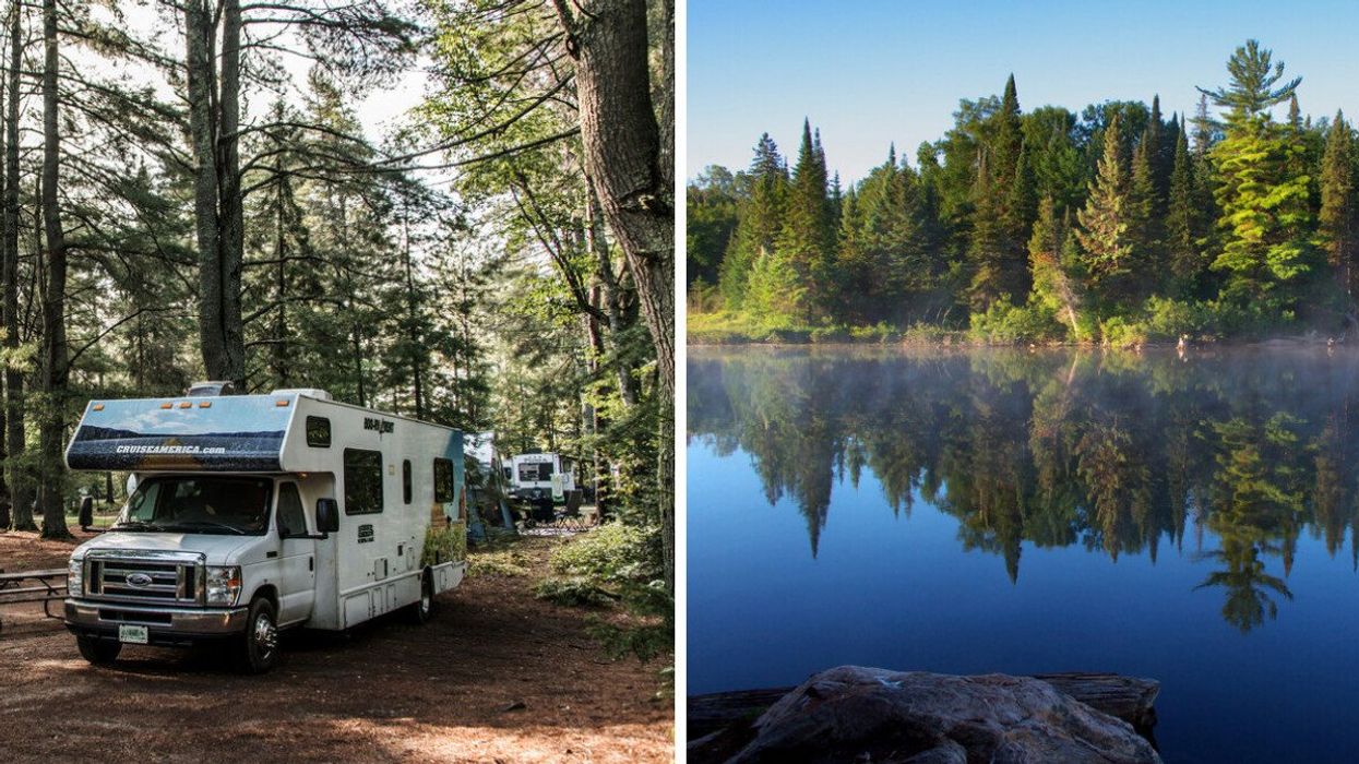 A trailer camping. Right: a shot of Algonquin Provincial Park.