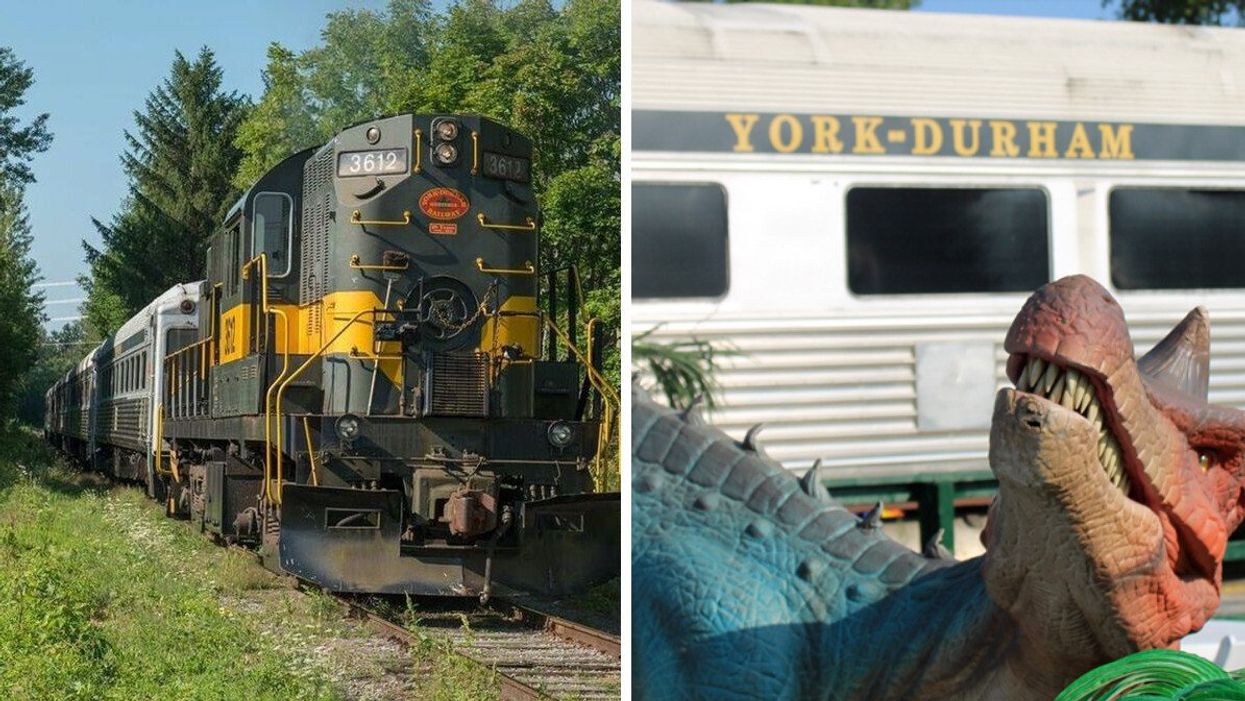 A train at the York-Durham Heritage Railway. Right: The Dino Train Experience at YDHR.