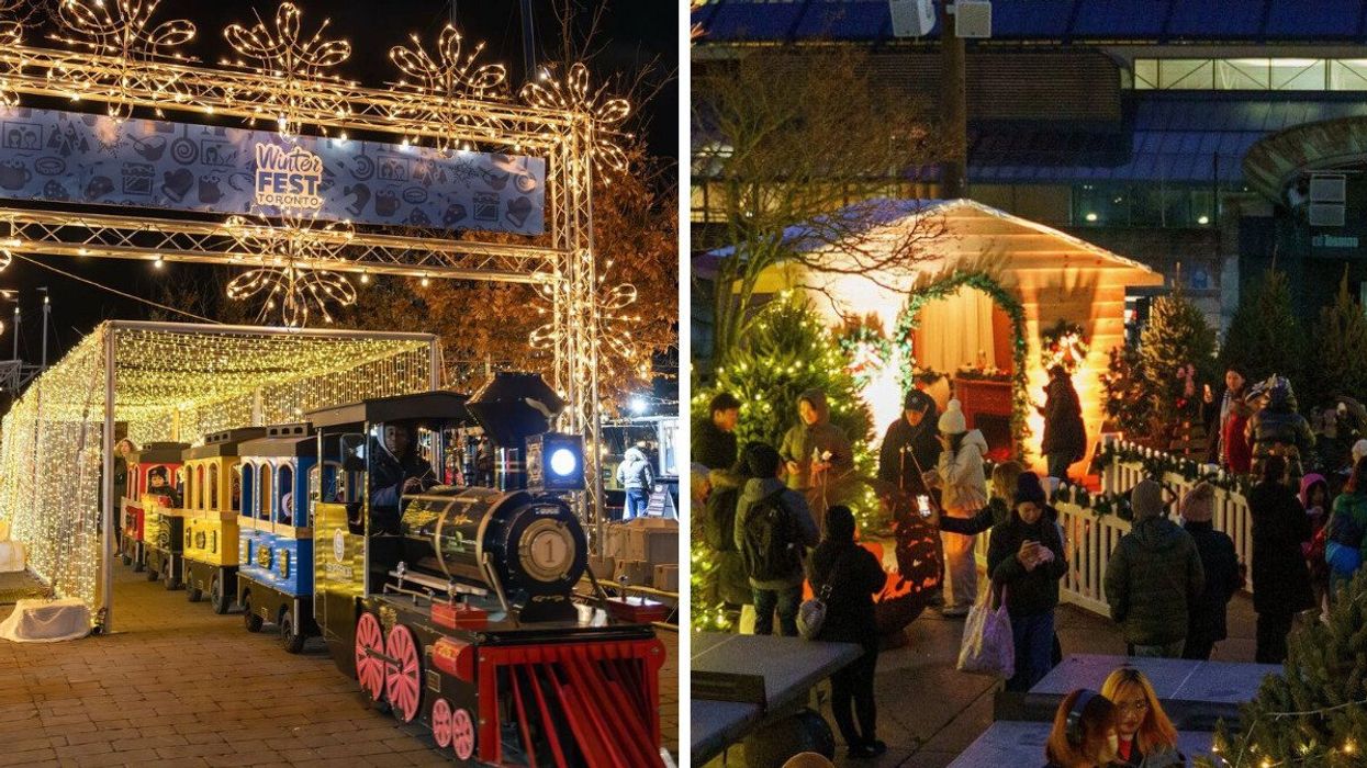 A train driving through a tunnel of lights. Right: A Christmas market.