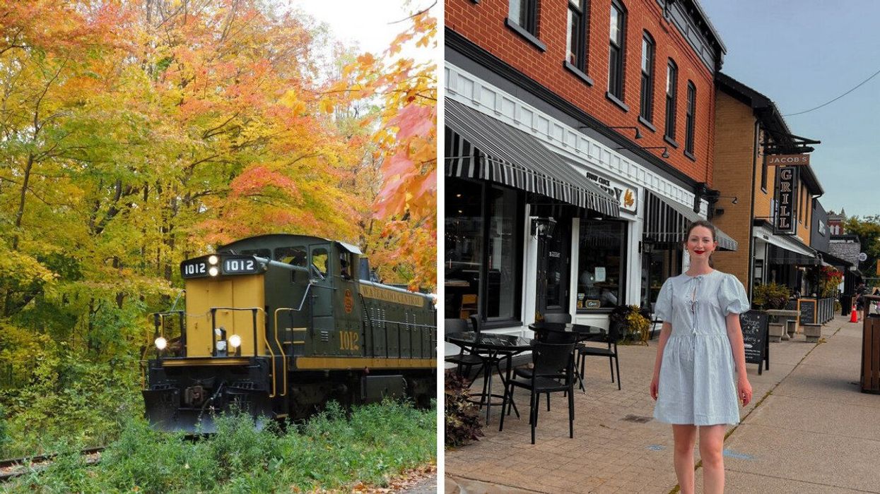 A train driving through fall colours. Right: A person standing on a street.