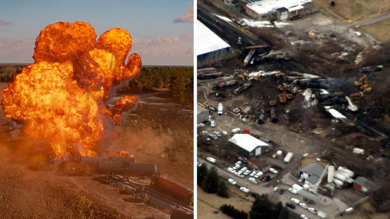 A train explosion in the Netflix film White Noise. Right: The aftermath of a train explosion in East Palestine, Ohio.