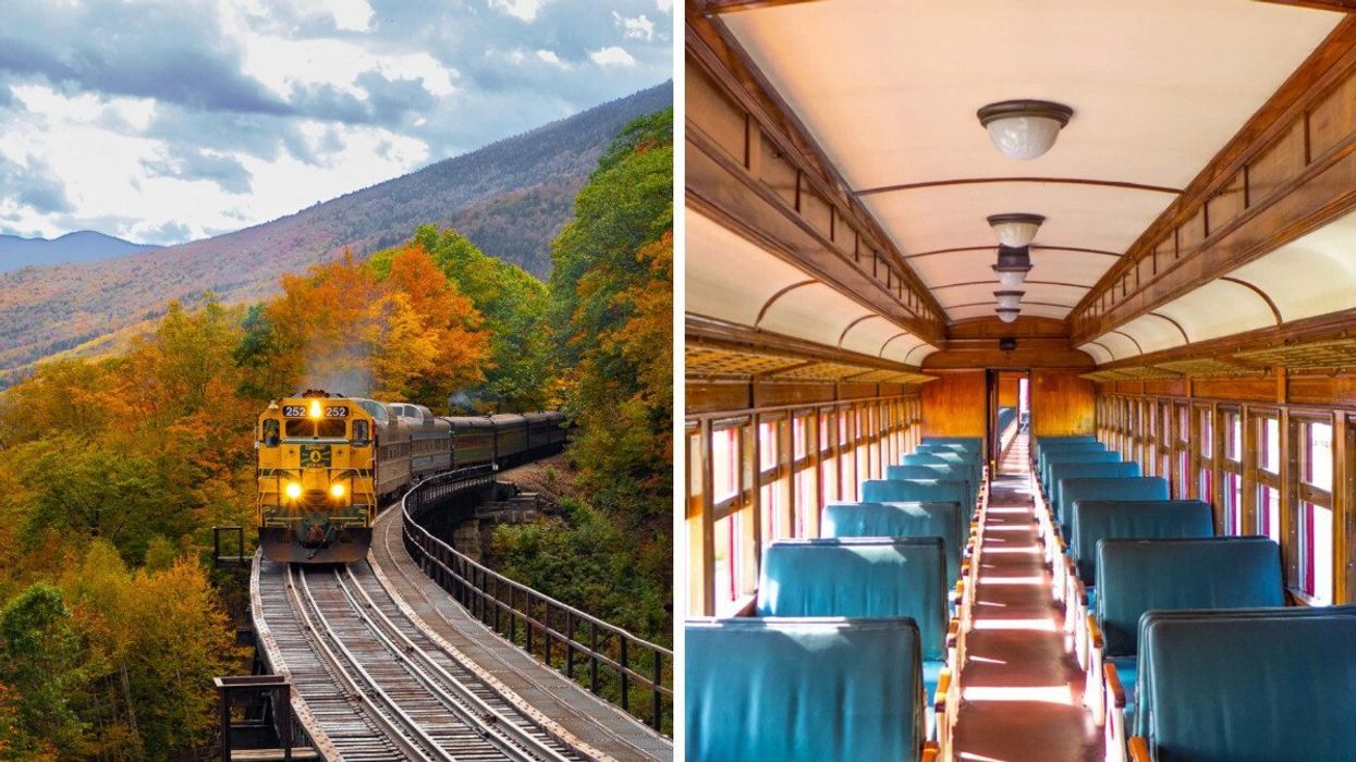 A train follows a track while surrounded by fall foliage. Right: The interior of a vintage-style railcar on a Conway Scenic Railroad route.