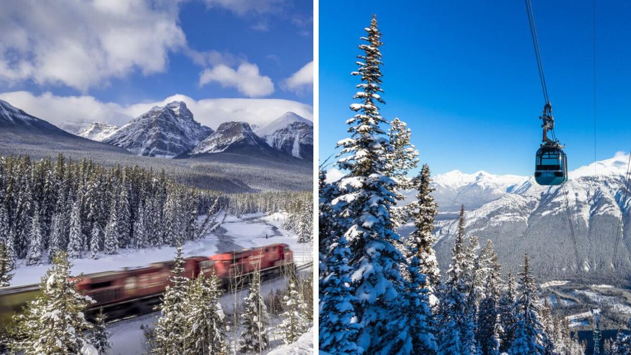 A train in Banff. Right: Jasper.