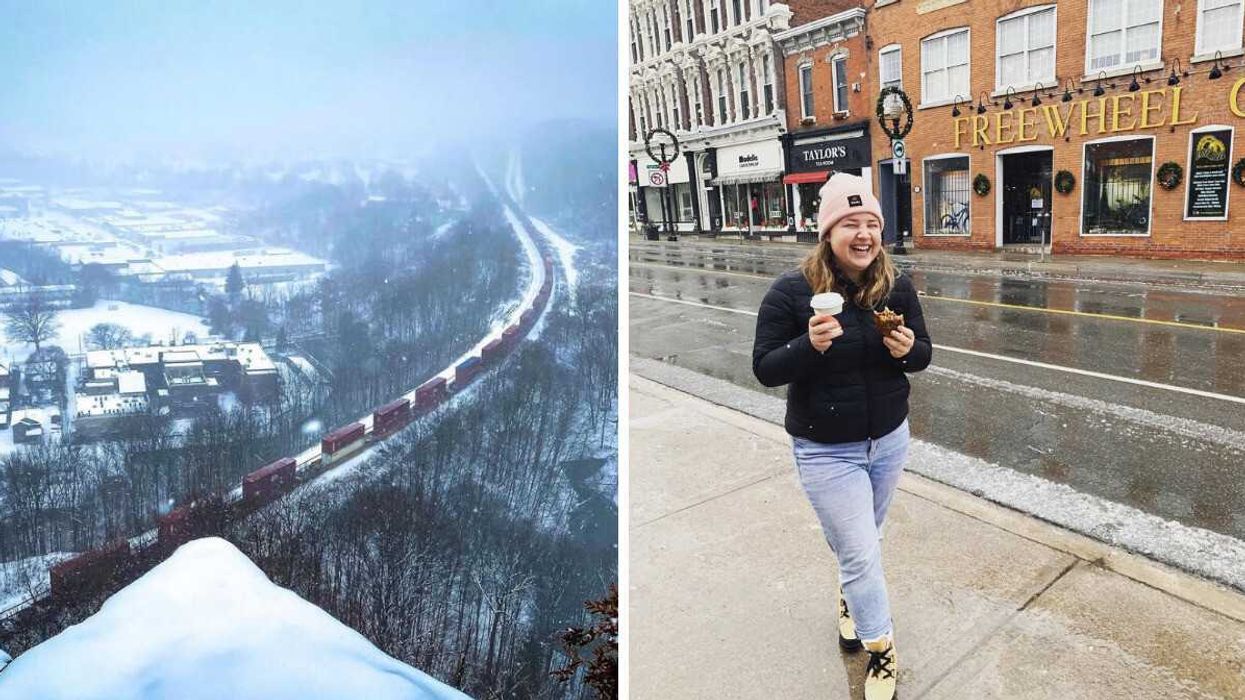 A train travelling through a snowy landscape. Right: A person standing on a street.