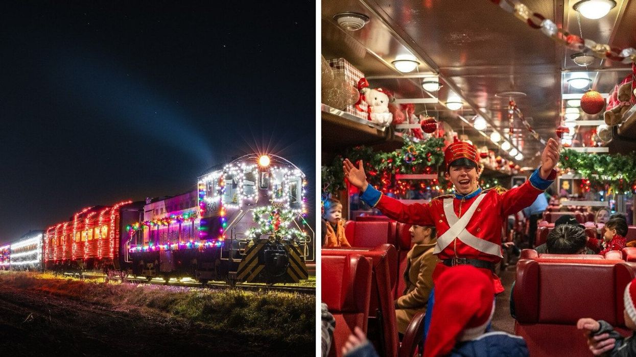 A train with Christmas lights. Right: The inside of a festive train.