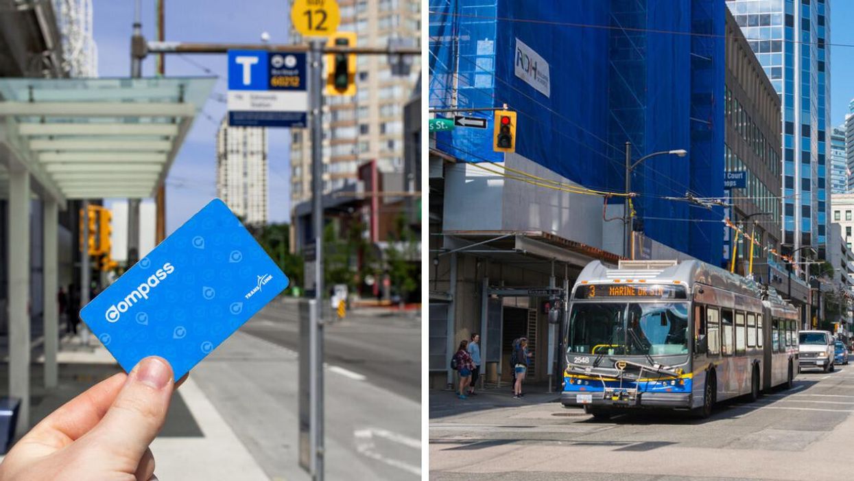 A TransLink Compass Card. Right: A TransLink bus in Vancouver.