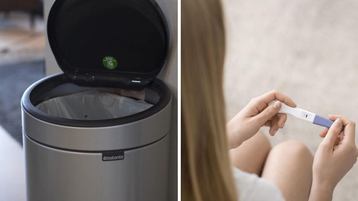A trash can. Right: A woman reading a pregnancy test.