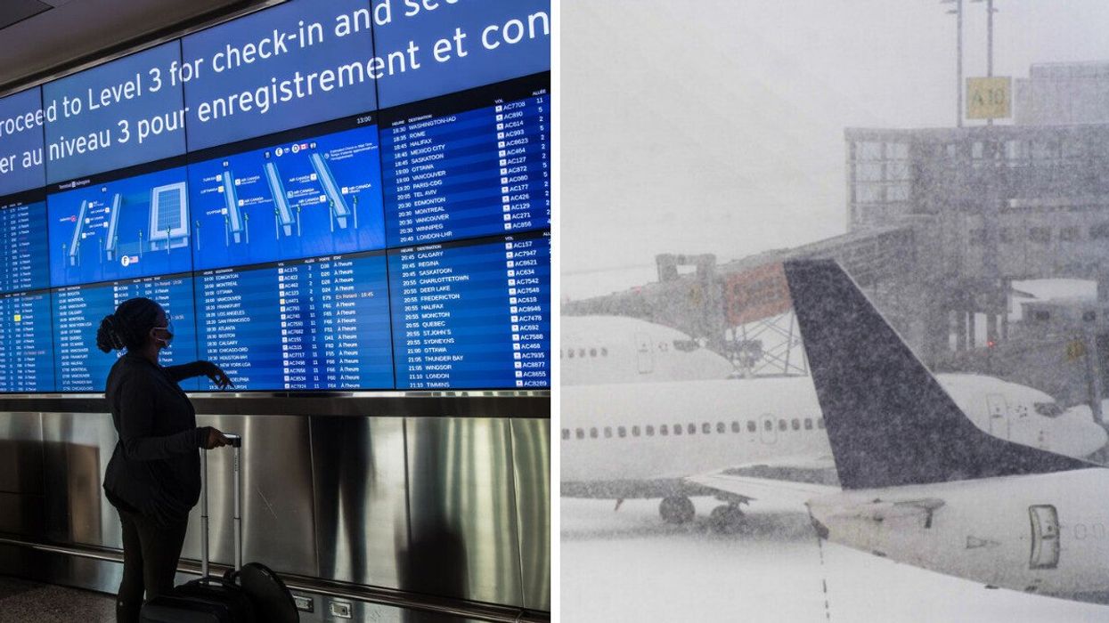 A traveller looking at the departures board at Pearson Airport. Right: Planes parked in the snow.