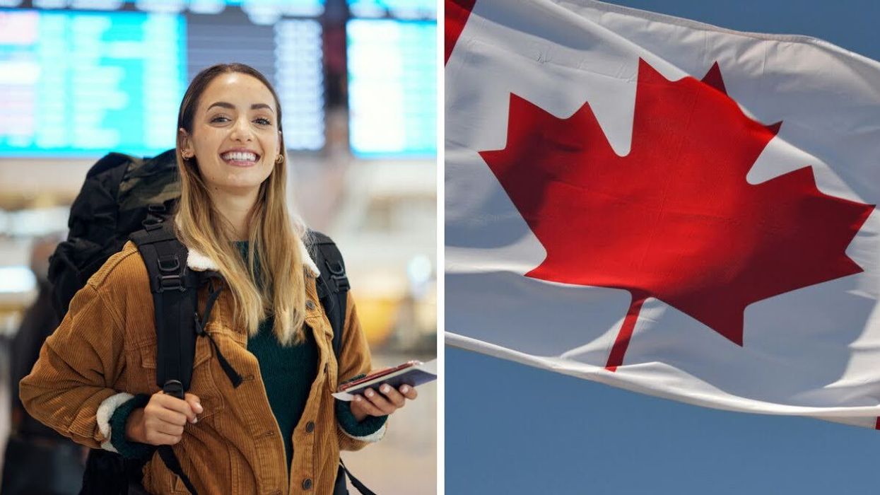 A traveller wearing a backpack and holding travel documents. Right: The Canadian flag waves against a blue sky.