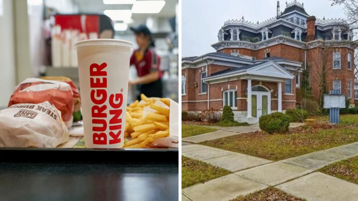A tray of food from Burger King. Right: A former funeral home in Dresden, Ontario.