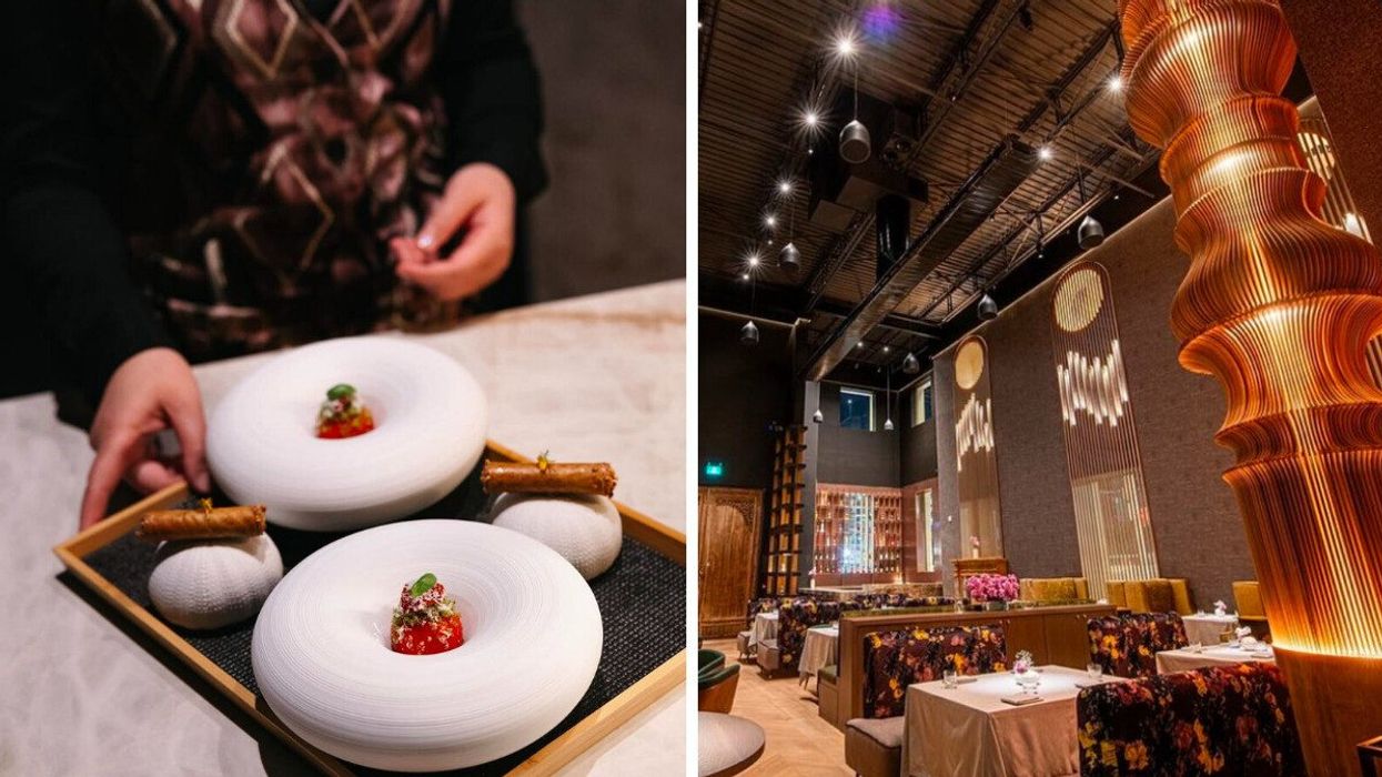 A tray of food. Right: A restaurant interior.