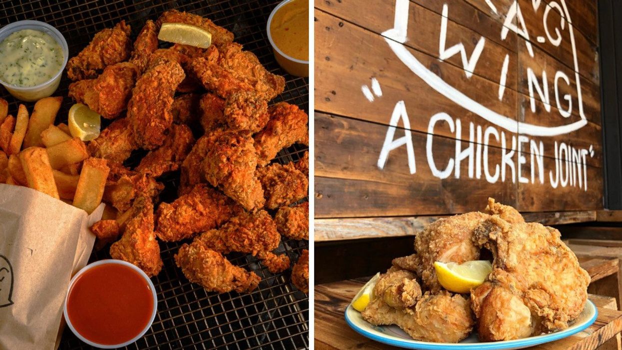 A tray of fried chicken wings alongside dips and fries. Right: A plate of fried chicken wings alongside lemon slices.