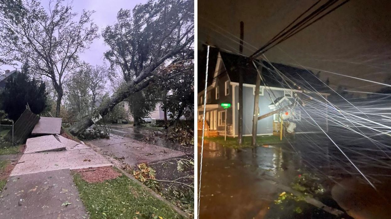 A tree toppled over onto a street in Cape Breton, Nova Scotia because of Hurricane Fiona. Right: Downed power lines and flooded roads in Charlottetown, P.E.I. during Hurricane Fiona.