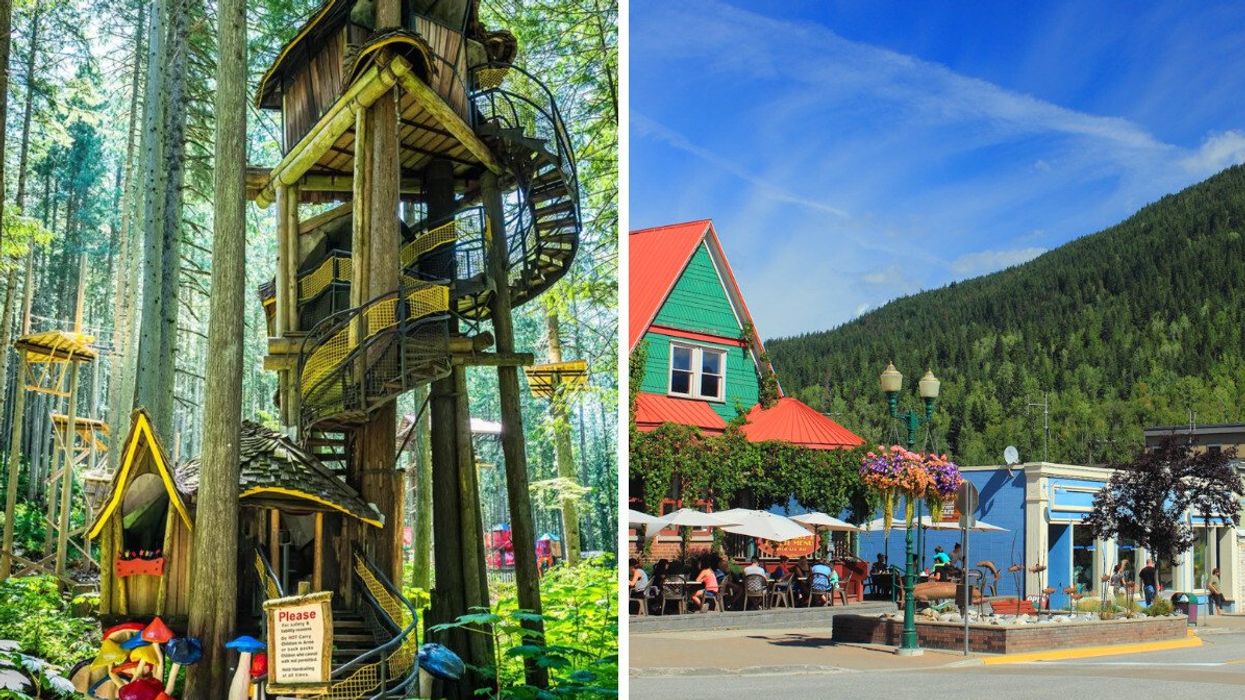 A treehouse in the forest. Right: A small town.