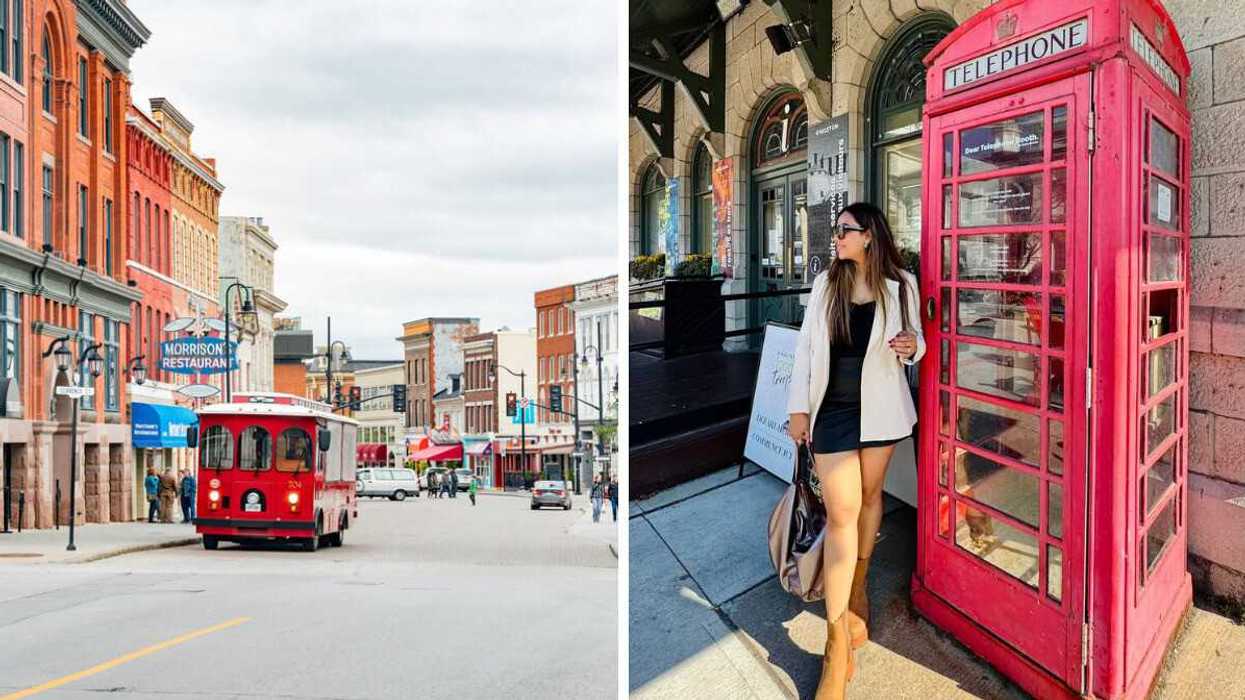 A trolley on a historic street. Right: A person standing by a red telephone booth.