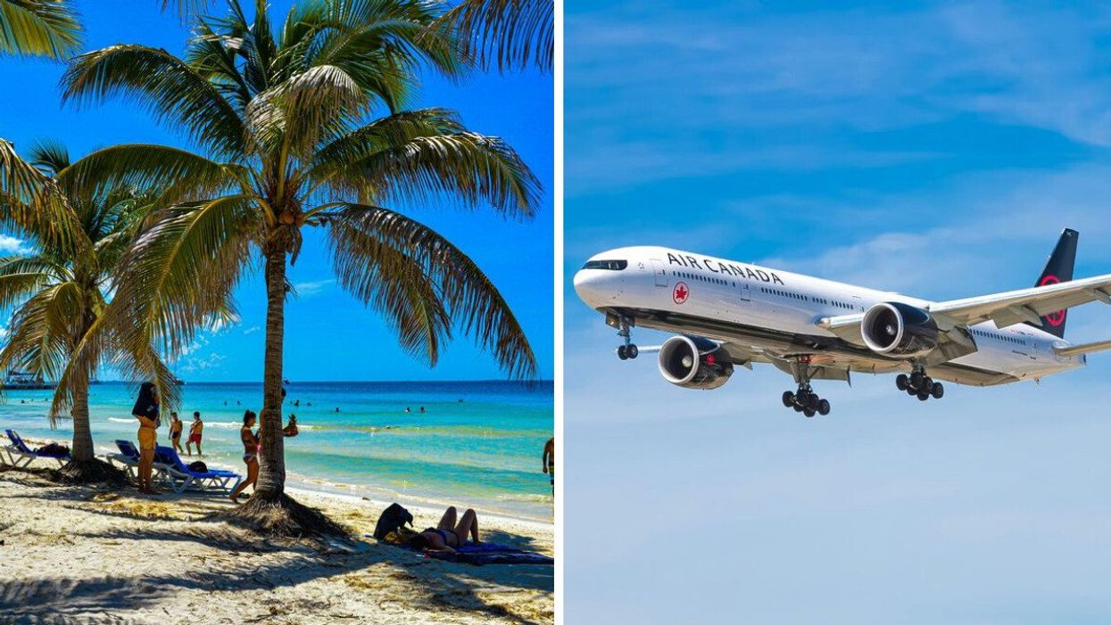 A tropical beach with blue water and palm trees is seen in Cuba. Right: An Air Canada plane in the sky.