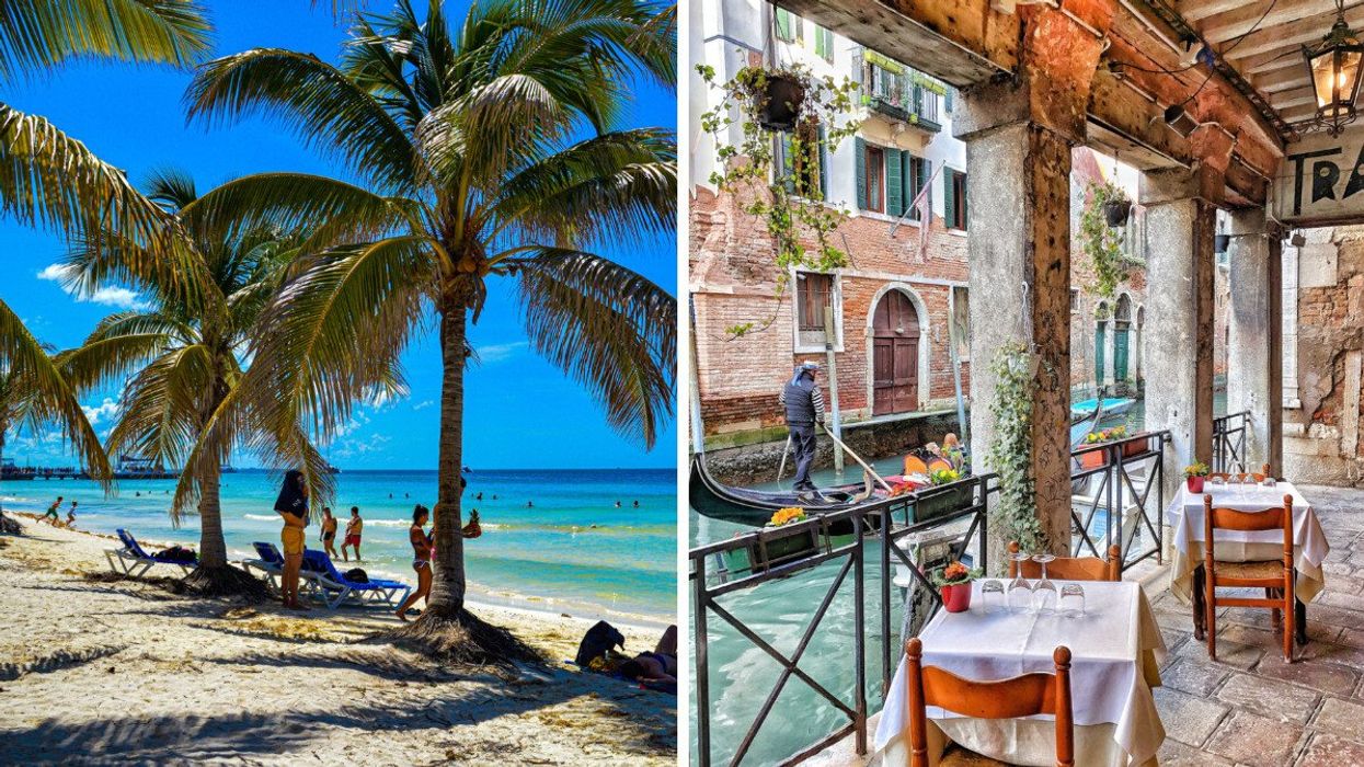A tropical beach with tall palm trees and white sand under a bright blue sky. Right: A charming canal-side restaurant in Venice, Italy, with wooden chairs and tables set for dining.