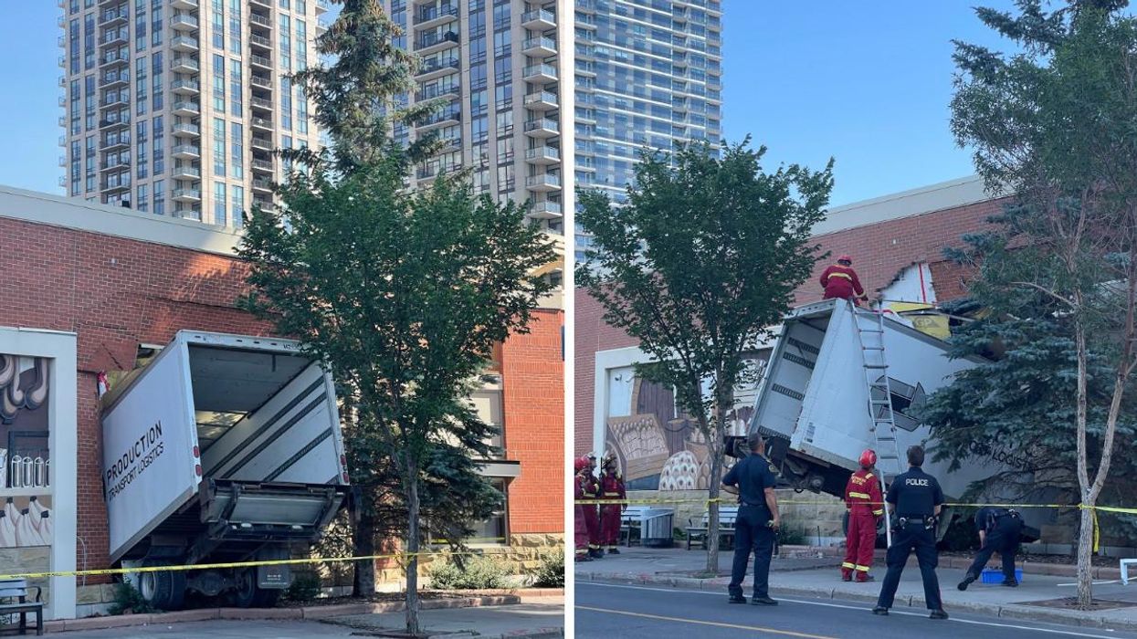 A truck stuck in a Calgary Coop. Right: A team starting to remove the truck.