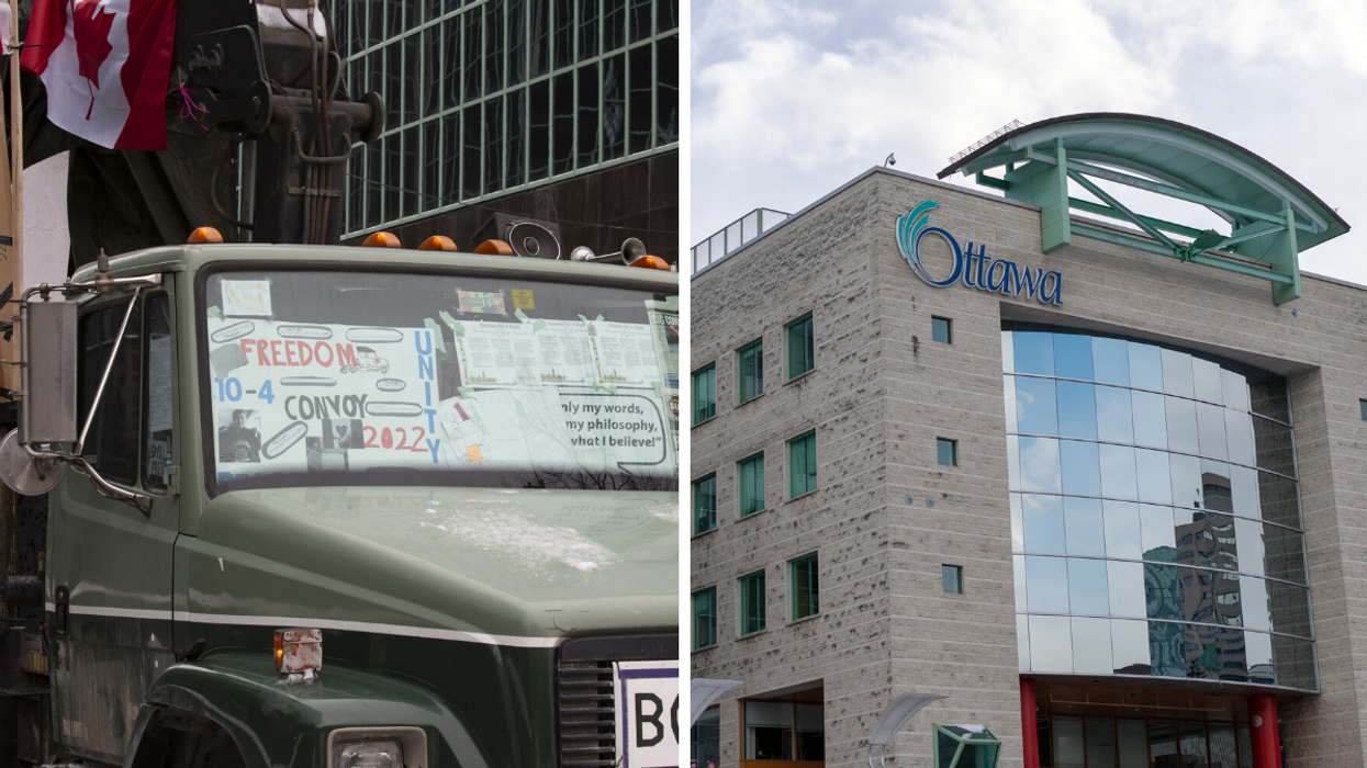 A truck with a Freedom Convoy 2022 poster. Right: Ottawa City Hall.