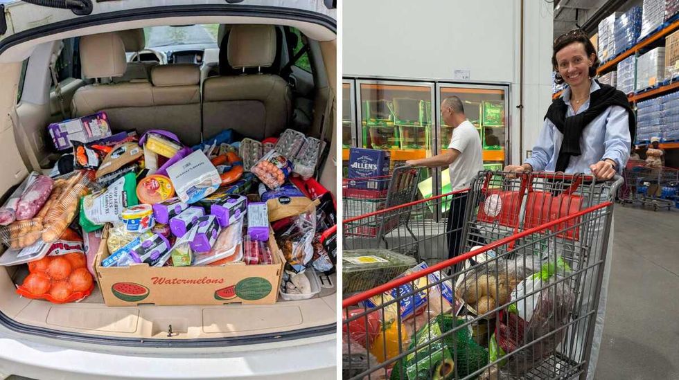 A trunk full of Costco Canada groceries. Right: Alona Vasylieva and her shopping cart at Costco.