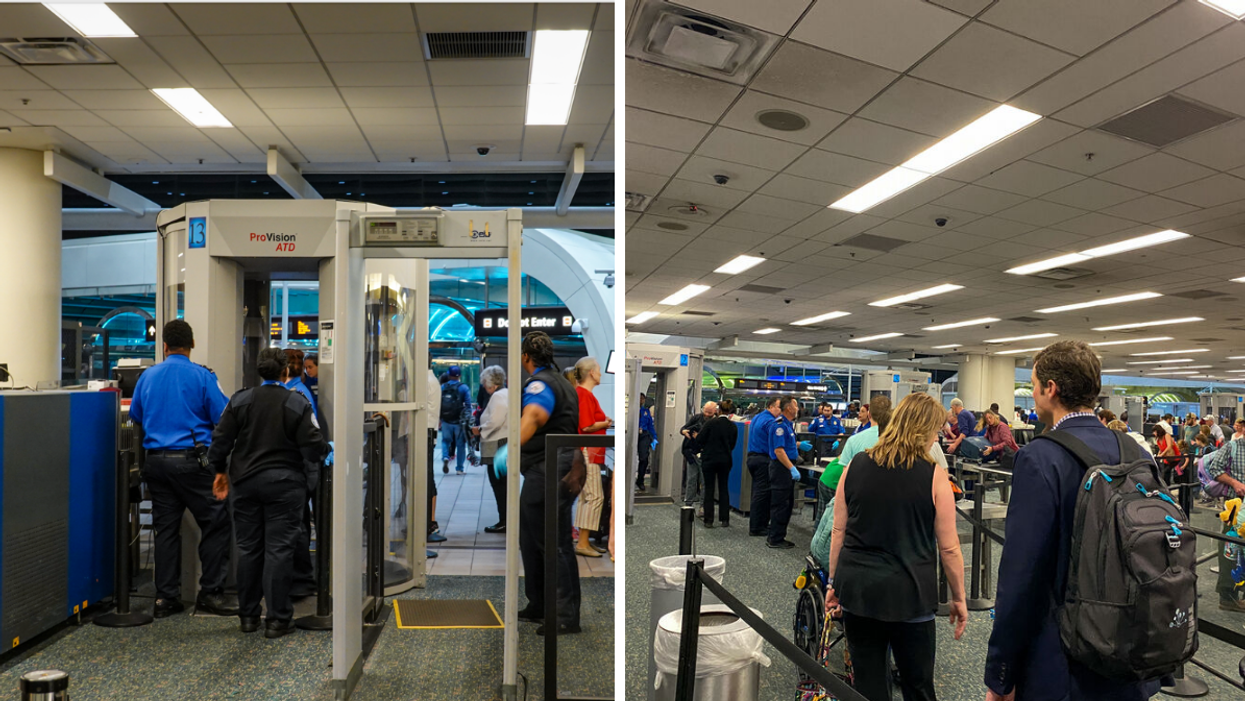 A TSA check-in. Right: A TSA line.