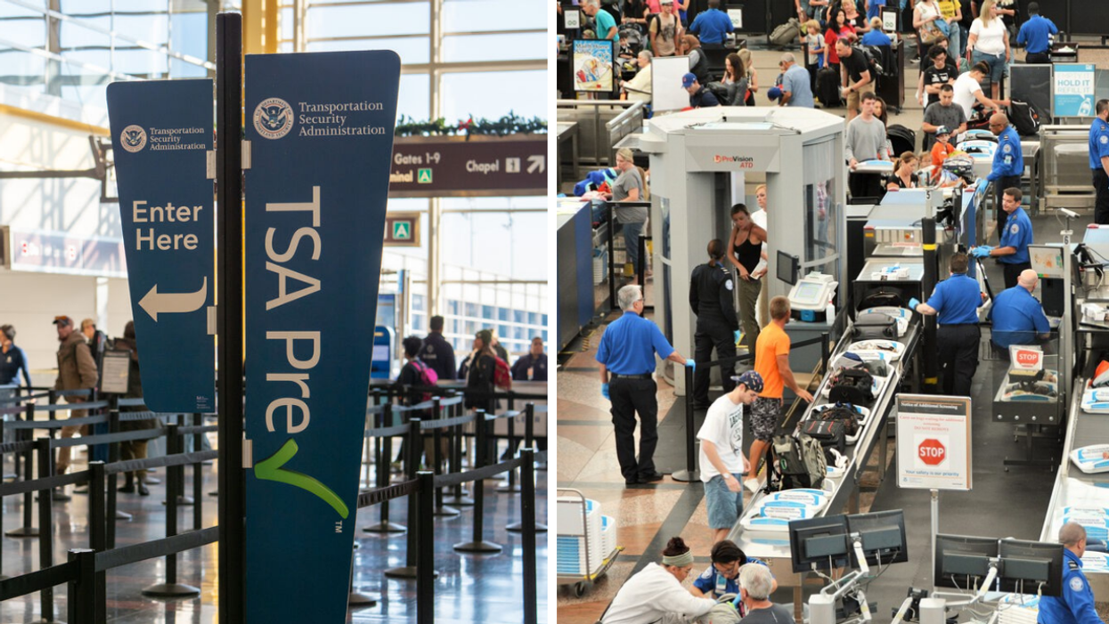 A TSA Precheck sign. Right: A TSA security terminal at an airport.