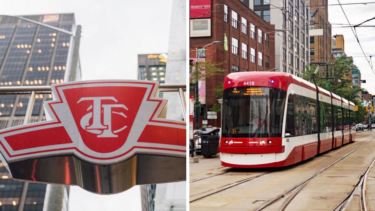 A TTC sign. Right: A TTC streetcar.