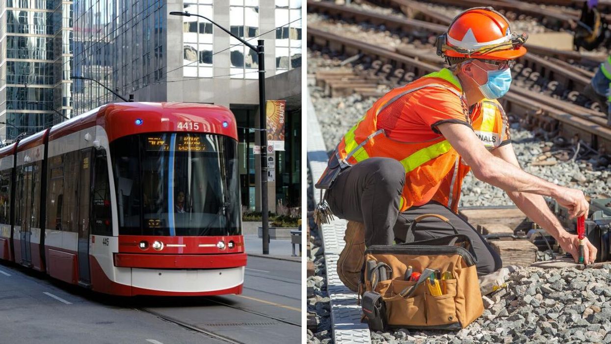 A TTC street car. Right: A construction worker
